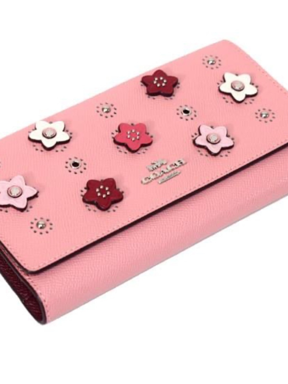 Coach Floral Appliqué Trifold Wallet Long Pink
